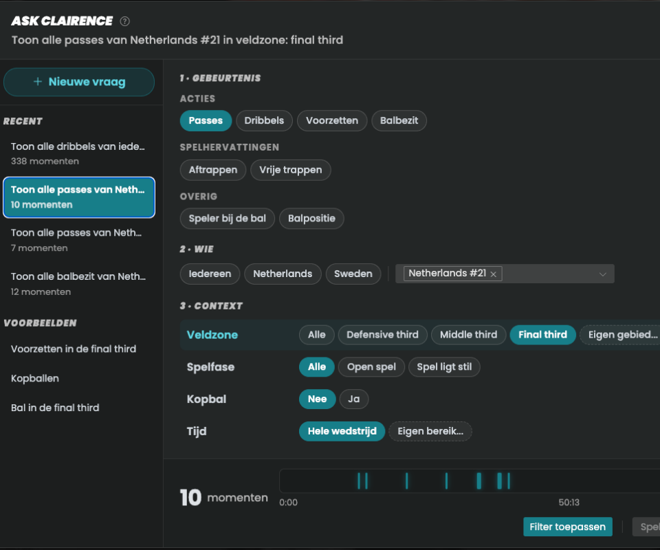 Ask Clairence Ask Clairence: filteren op actie, speler en veldzone